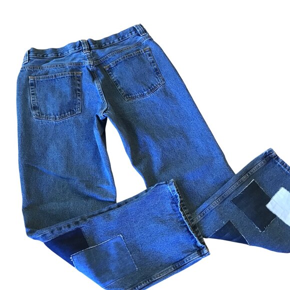 Men’s Patchwork Jeans, Size 34-34: Upcycled Denim 1970s Hippie Boho Retro Pants - Picture 3 of 10